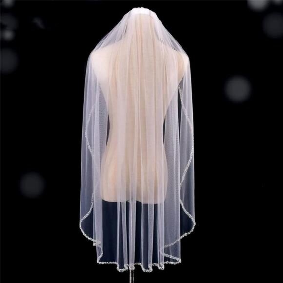 Wedding Veil Pearls and Crystals Beaded Edge 1 Tier Fingertip Length Bridal Veil